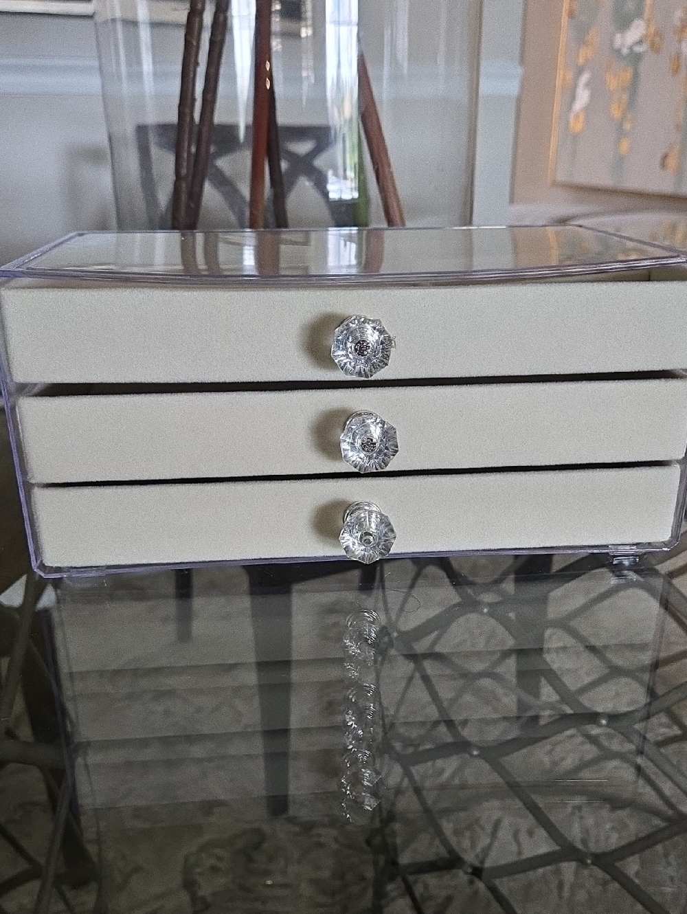 Clear Acrylic Velvet New Jewelry Organizer with Cream Drawers and Crystal Knobs